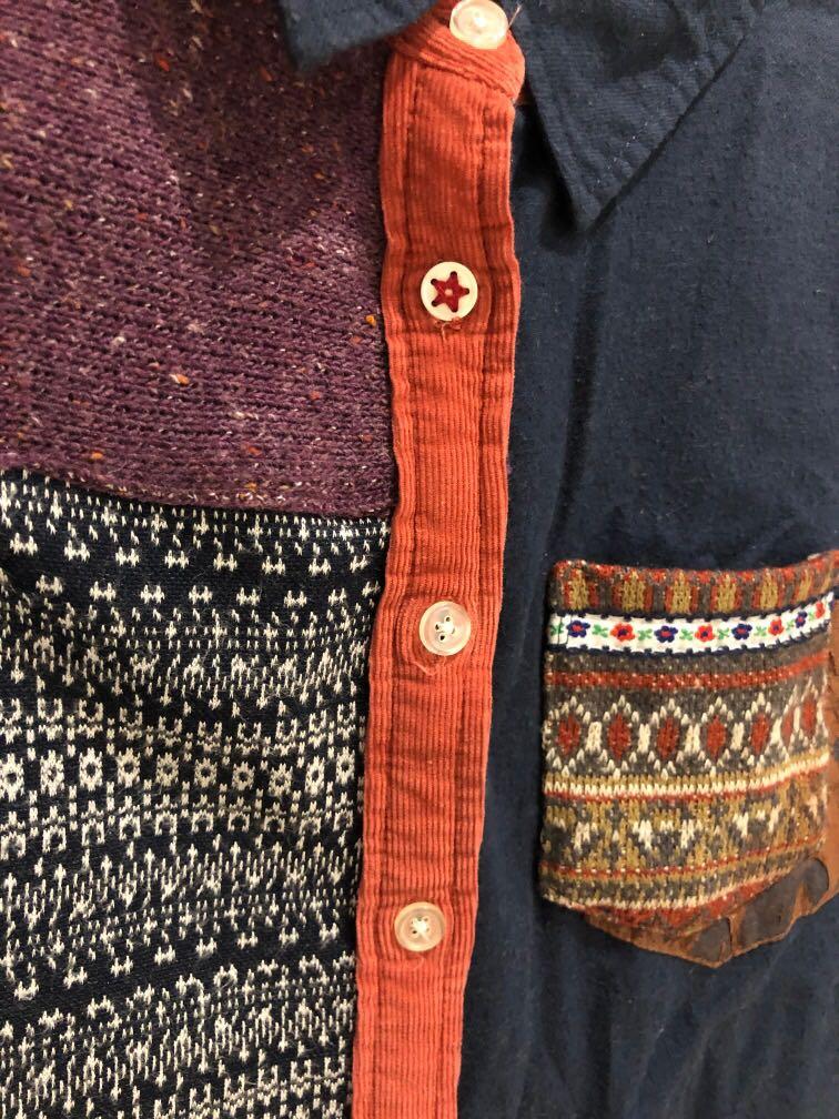 Patchwork shirt (Category: Sleeveless) located in Singapore. Submitted by shoppingdaze (Listing ID 1000727078, Image 2). Description: Bought in japan, condition 8.5/10 Patch work shirt with knitted, corduroy, cotton mix. .