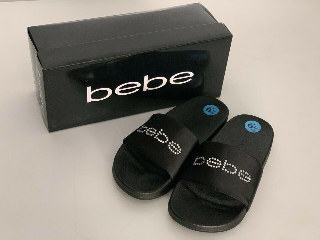 New Bebe Women S Felizia Black Slip On Slides Flip Flops Slippers Women S Fashion Footwear Slippers And Slides On Carousell