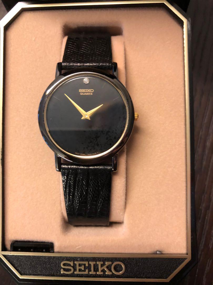 New unused SEIKO SFP240 gold black diamond thin dress watch with leather  trap, Women's Fashion, Watches & Accessories, Watches on Carousell