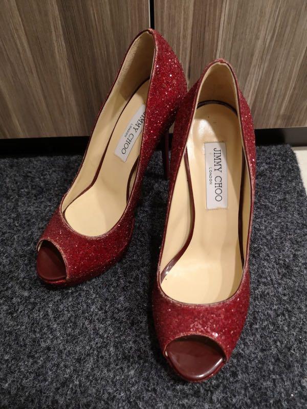 red glitter open toe heels