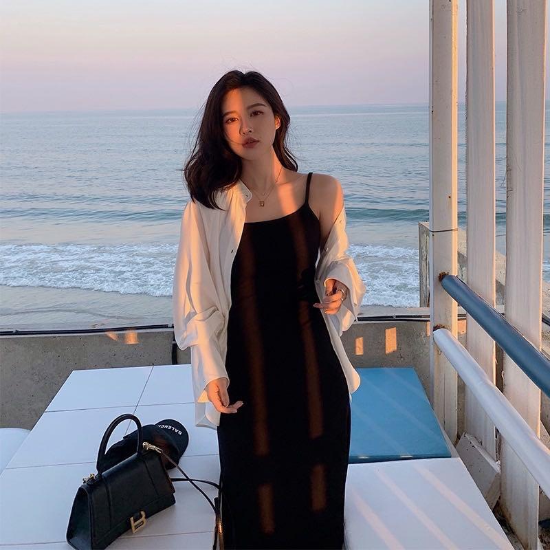 796 long short spaghetti strap cami camisole bodycon dress black dress ulzzang korean vintage retro Women s Fashion Tops Sleeveless on Carousell