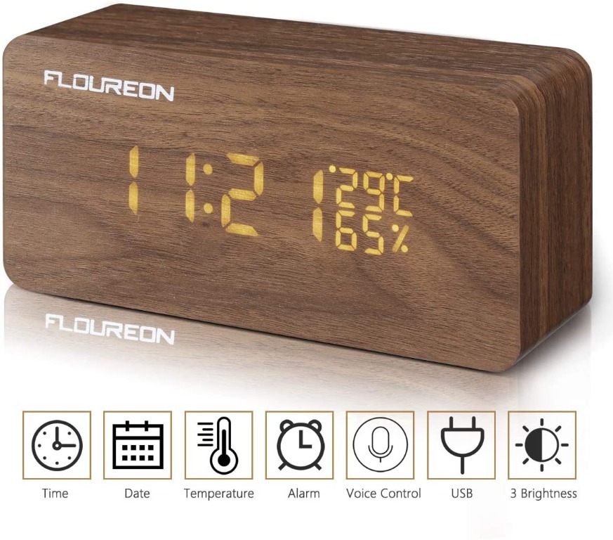E32. FLOUREON Wooden Alarm Clock LED Desk bedside Digital Clock ...