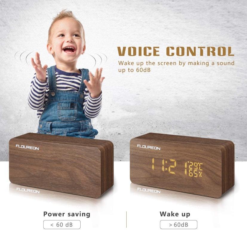 E32. FLOUREON Wooden Alarm Clock LED Desk bedside Digital Clock ...
