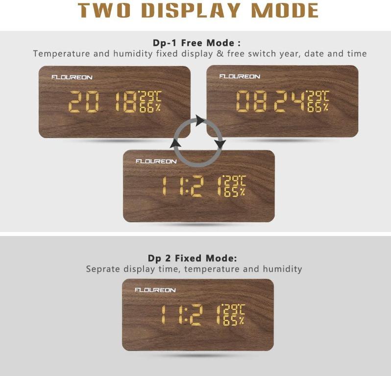 E32. FLOUREON Wooden Alarm Clock LED Desk bedside Digital Clock ...