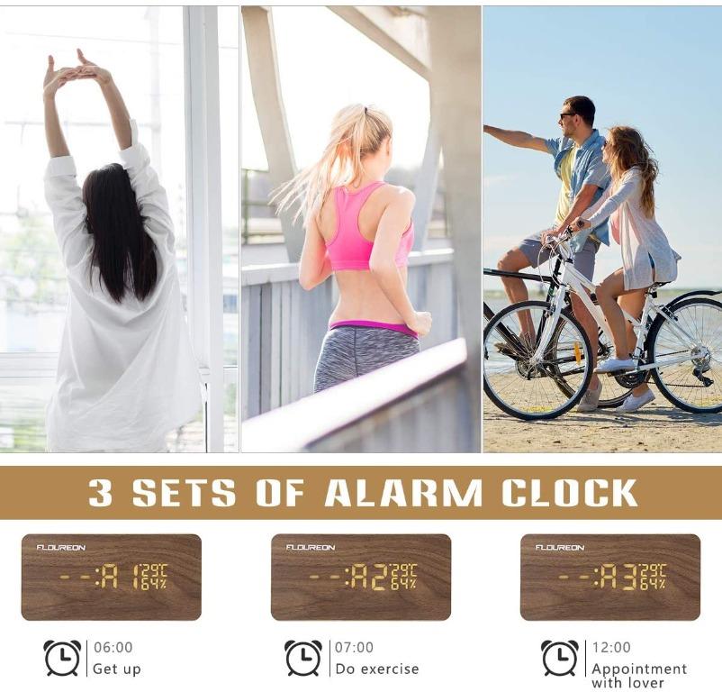 E32. FLOUREON Wooden Alarm Clock LED Desk bedside Digital Clock ...