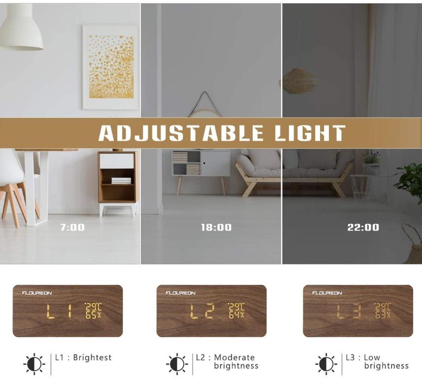 E32. FLOUREON Wooden Alarm Clock LED Desk bedside Digital Clock ...