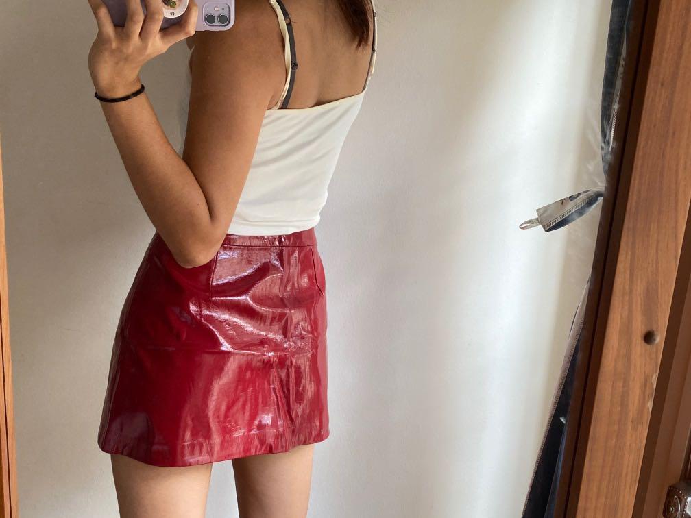 Red leather mini skirt zara online