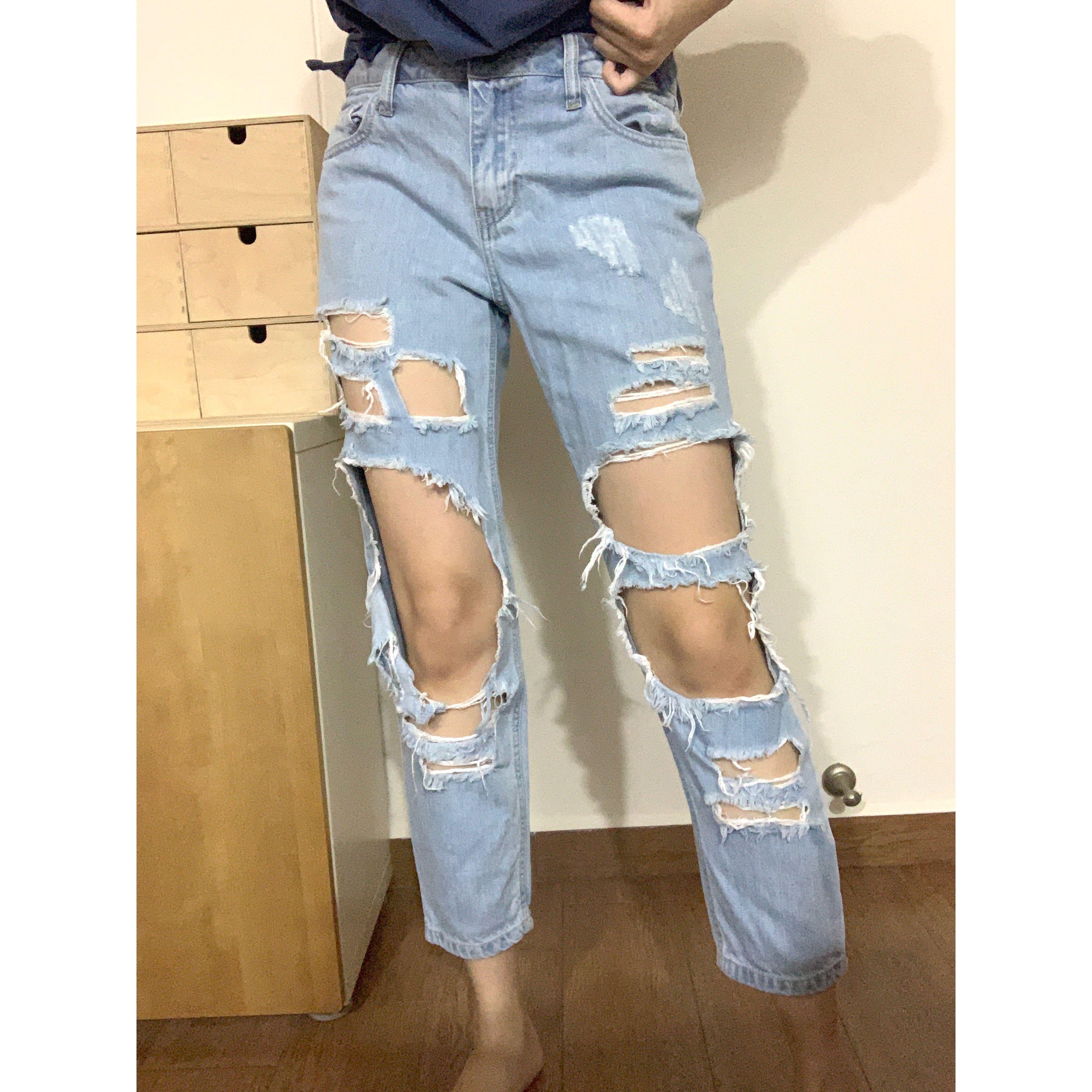 CELLO Mid Waist Heavy Ripped Light Washed Jeans Women s Fashion