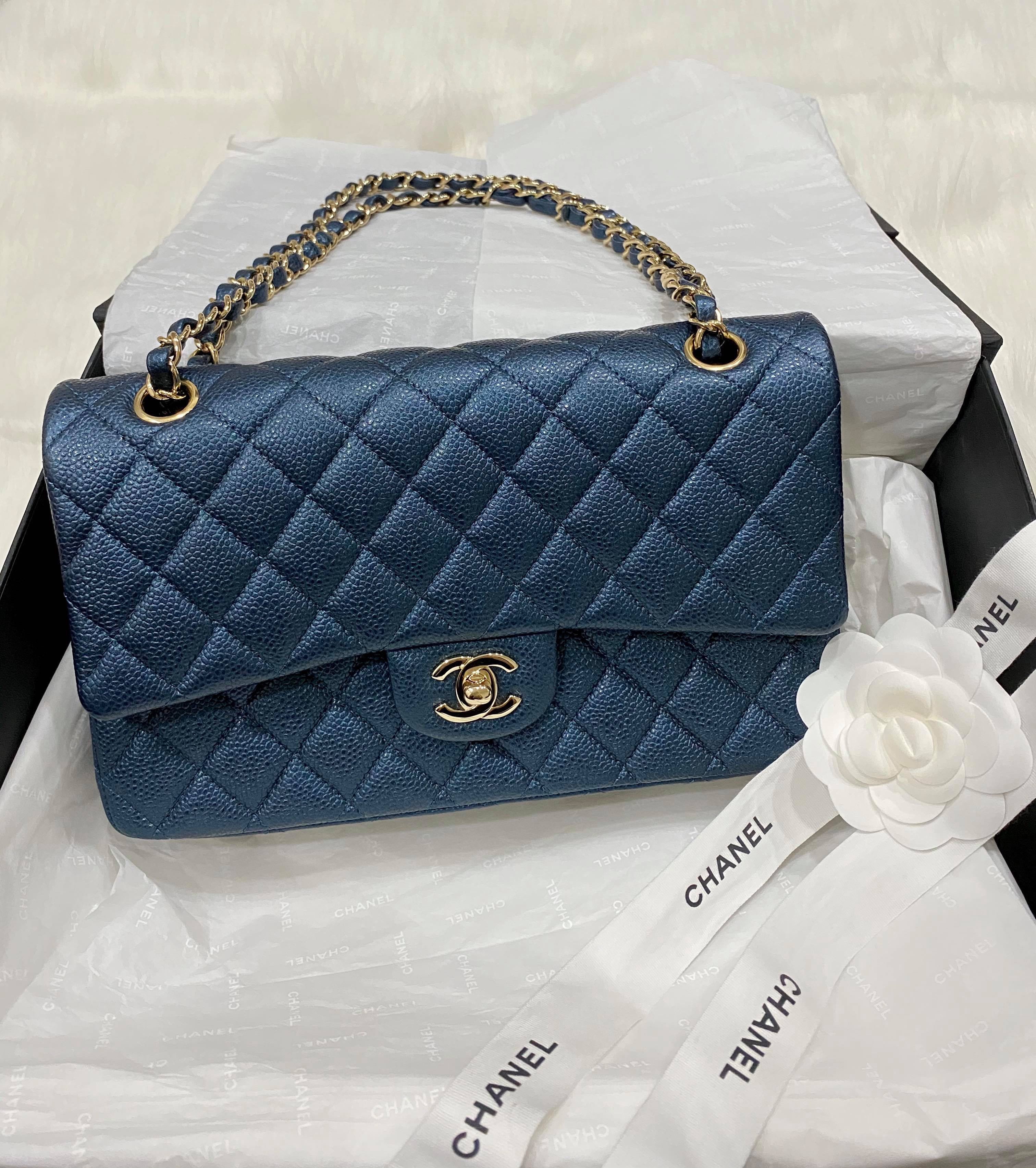 Chanel Classic Medium Flap Bag 18S Pearly Navy Blue, Luxury, Bags & Wallets  on Carousell