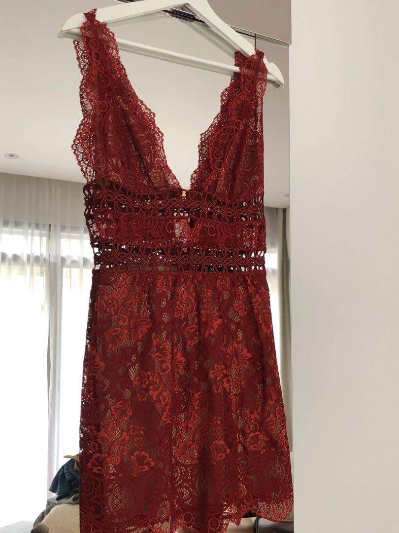 For Love and Lemons Mon Cheri Lace Mini Dress in Red