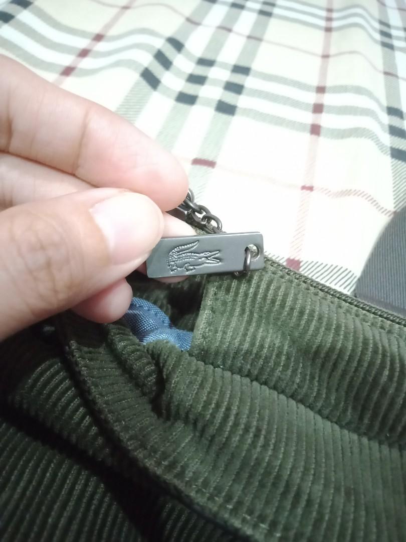 Lacoste Bag (corduroy) (Category: Cross-body Bags) located in Marikina City. Submitted by len_cat (Listing ID 1001287124, Image 3). Description: REPRICED! 500.00 Lacoste Corduroy Bag Moss green Needs cleaning inside Pls see last picture (handle)-nag mark sa pagkakasabit shipping c/o buyer.