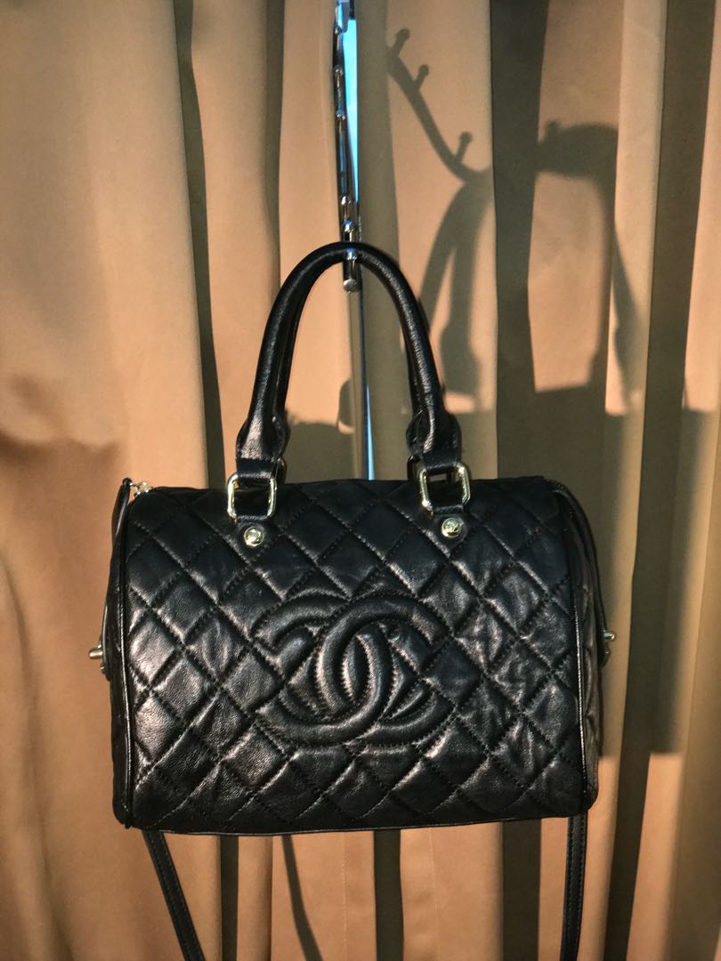 Chanel Vintage Chanel Boston Speedy Quilted Black Calfskin Leather 