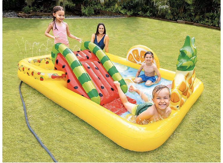 Kids inflatable pool (Category: Everything Else) located in Singapore. Submitted by ambee (Listing ID 1001663646, Image 2). Description: Features & details Two pools in one: small pool and large pool Features a water slide, inflatable pineapple, orange, strawberry, and 6 balls that fit in the wall Landing mat at the bottom of the slide for extra padding Drain plug in pool floor 178lb max weight limit Preorder item Tags: Children pool Kids pool In