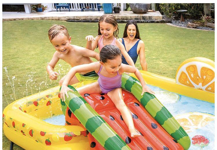 Kids inflatable pool (Category: Everything Else) located in Singapore. Submitted by ambee (Listing ID 1001663646, Image 3). Description: Features & details Two pools in one: small pool and large pool Features a water slide, inflatable pineapple, orange, strawberry, and 6 balls that fit in the wall Landing mat at the bottom of the slide for extra padding Drain plug in pool floor 178lb max weight limit Preorder item Tags: Children pool Kids pool In