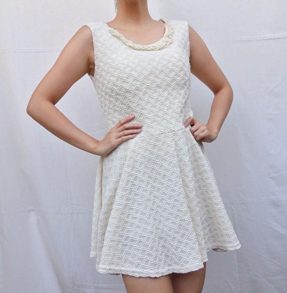 Korean Kpop Pearl Dress (Category: Dresses) located in Balanga. Submitted by felicity.ph (Listing ID 1001480194, Image 1). Description: Description: Crème Elegant Pearl Accented Dress Please measure bust and waist Size: Small (Stretchable) Length: 30 inches Diameter of Arm: 7.5 inches Shoulder: 14 inches.