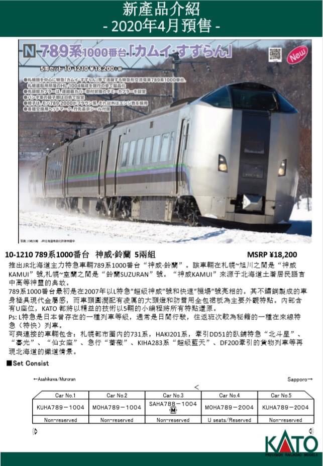 Preorder預訂) KATO 10-1210 JR北海道789系1000番台電車神威號鈴蘭號 