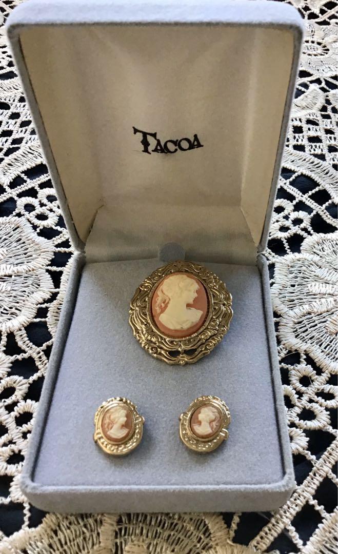 Vintage 80s Tacoa costume Cameo Demi-parure matching Brooch & Earrings ...