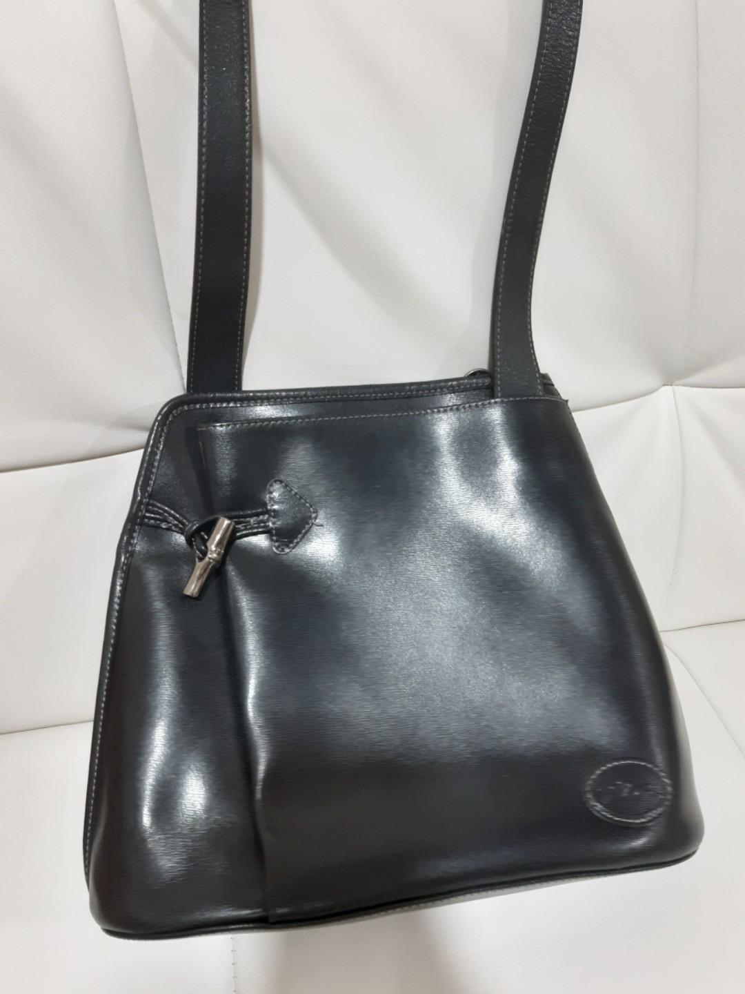LONGCHAMP Vintage Roseau Black Leather Shoulder Crossbody Bag 
