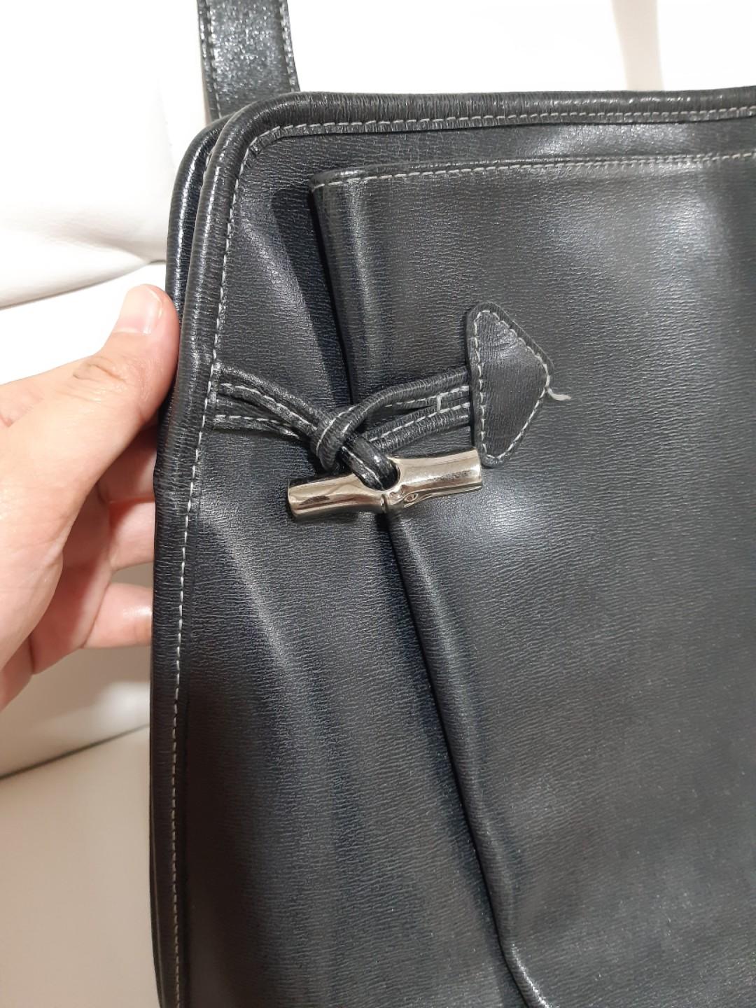 Longchamp Vintage Roseau Black Leather Bucket Shoulder Bag