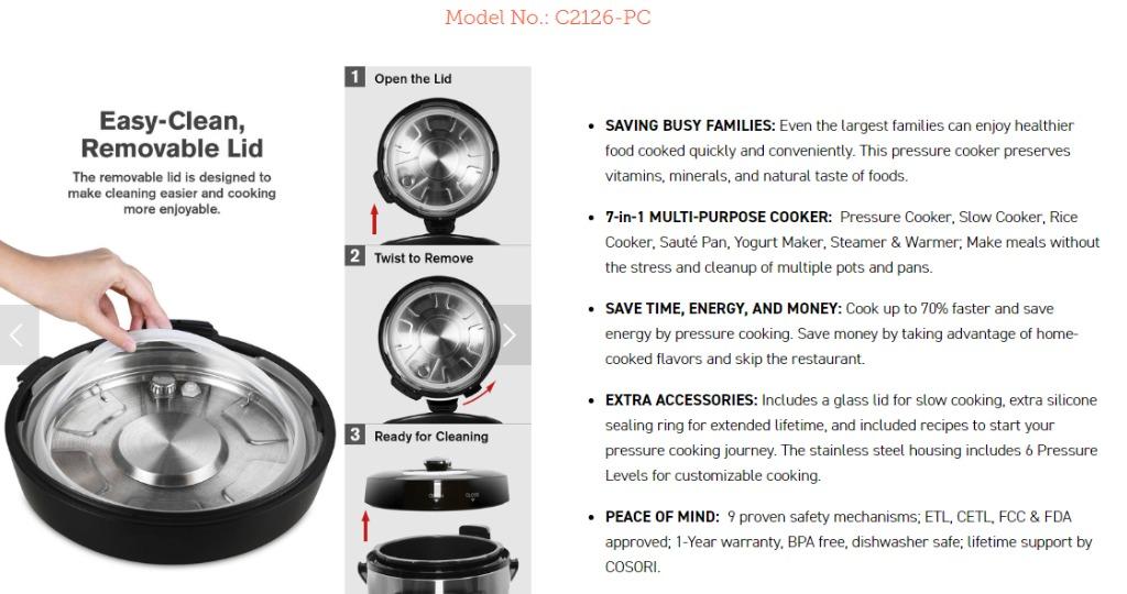 Cosori Original 6L Pressure Cooker C2126PC, TV & Home Appliances