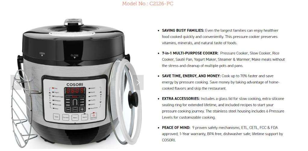 Cosori Original 6L Pressure Cooker C2126PC, TV & Home Appliances