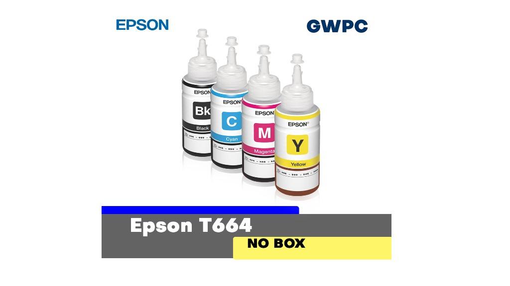 Epson T664 Original ink NO BOX 664 (Category: Printers, Scanners & Copiers) located in Manila. Submitted by gwcomputers (Listing ID 1000014801, Image 1). Description: T6641 Black P230 T6642 Cyan p230 T6643 Magenta p230 T6644 Yellow p230 70ml Sealed Genuine.
