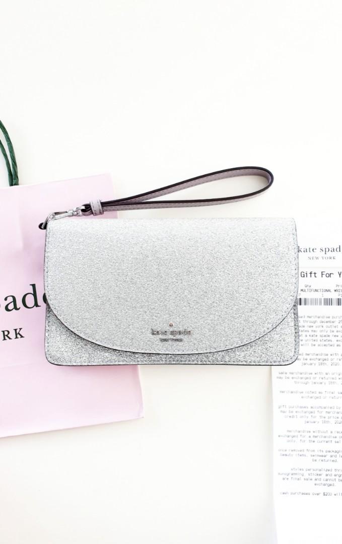 Kate Spade Joeley Glitter Sparkly Silver Multifunctional Wallet with Detachable Wristlet Strap includes Kate Spade Receipt