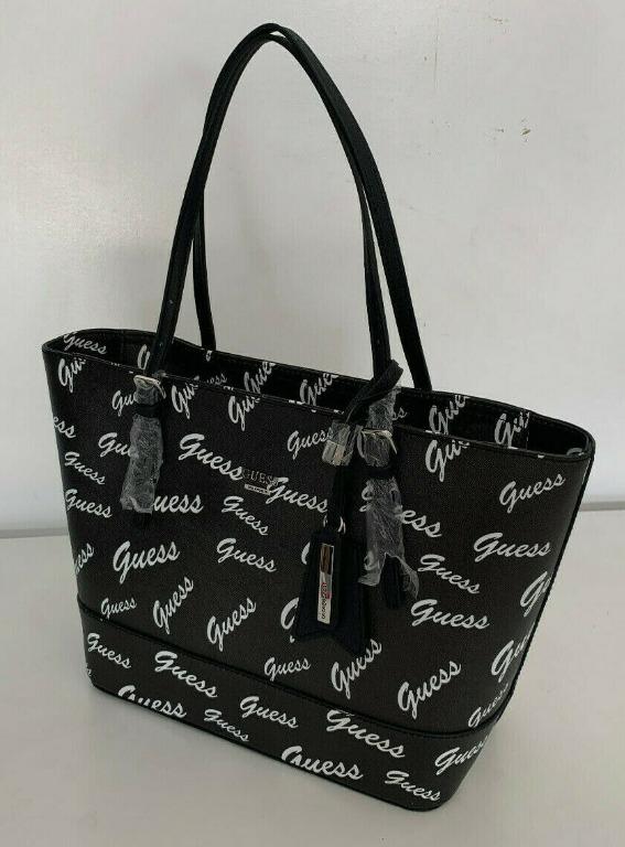 NEW GUESS CHANDLER BLACK WHITE LOGO SHOPPER SATCHEL TOTE BAG PURSE