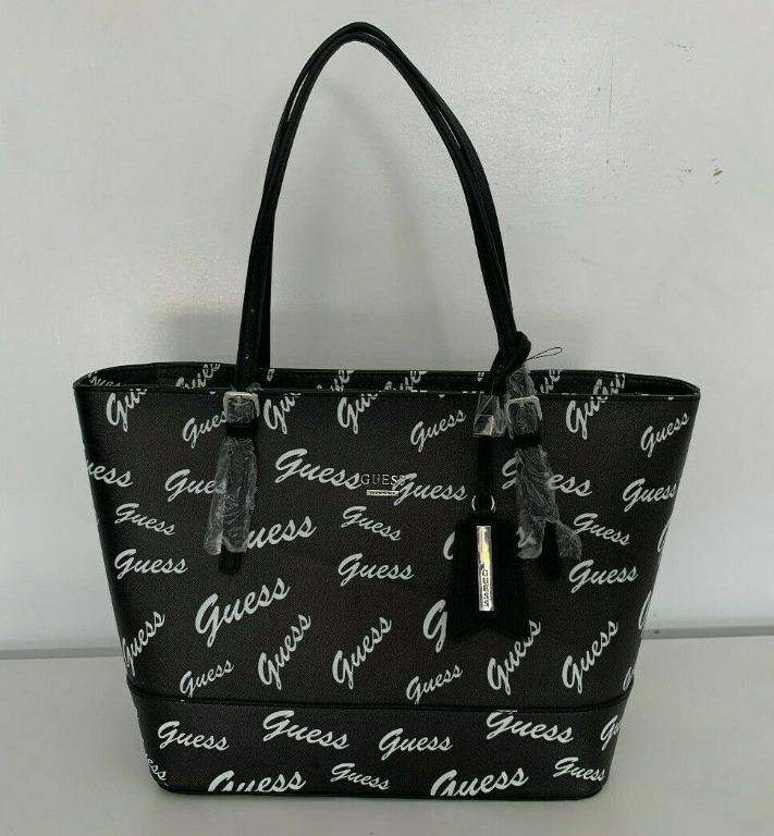 NEW GUESS CHANDLER BLACK WHITE LOGO SHOPPER SATCHEL TOTE BAG PURSE Women s Fashion Bags Wallets Tote Bags on Carousell