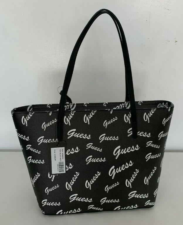 NEW GUESS CHANDLER BLACK WHITE LOGO SHOPPER SATCHEL TOTE BAG PURSE