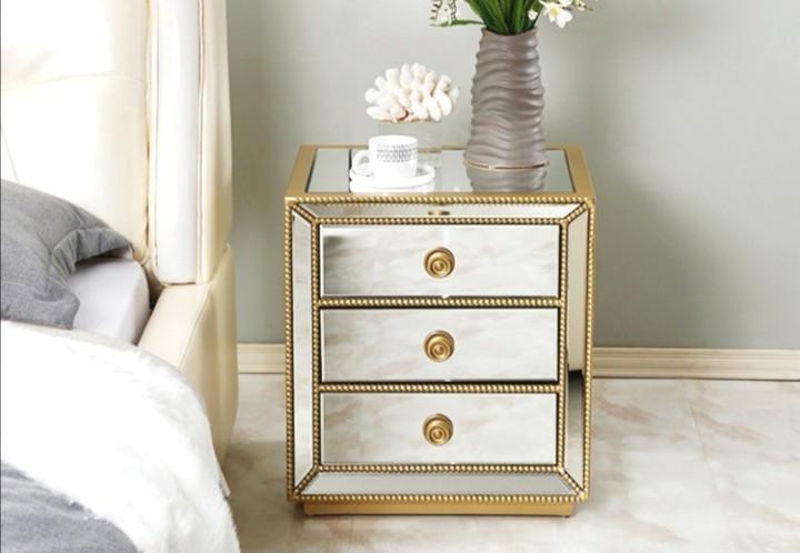 Oak Solid Wood Beaded Bedside Table, Gold Beaded Mirrored Bedside Table