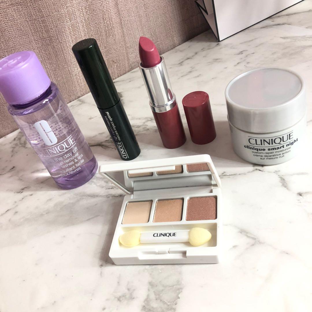 Clinique 5 piece travel set (Category: Makeup) located in Bronte. Submitted by luxecloset1 (Listing ID 1002031330, Image 1). Description: 5 piece Clinique travel set 1. All about shadow trio eyeshadow 2. High impact mascara - 01 black - 3.5ml 3. Lipstick in “plum pop” full size 4. Take the day off make up remover - 50ml 5. Clinique smart night cream 15ml.