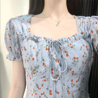 korean blue floral square neck puff sleeve short sleeve midi dress