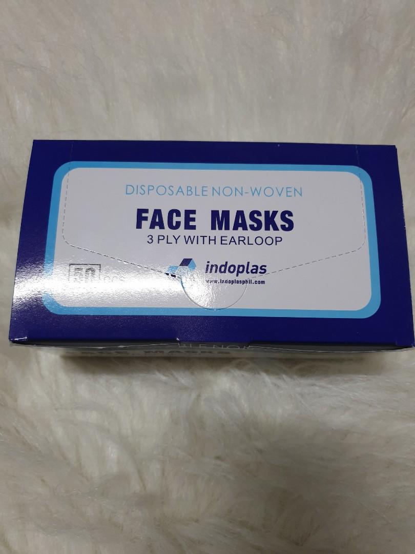 On Hand Indoplas 3 ply Mask 50 pcs per box (Category: Face Care) located in Makati City. Submitted by bigbody (Listing ID 1002131920, Image 2). Description: On Hand. Limited stocks. 3 ply surgical mask. below suggested retail price of 1,400 per box..