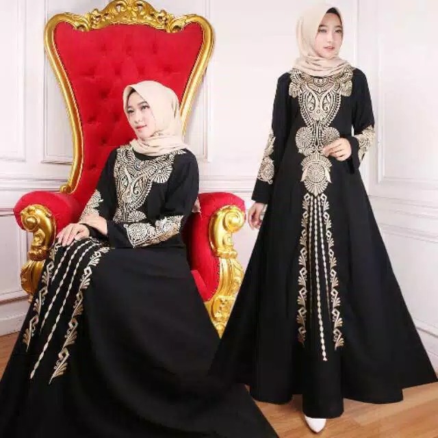 Pre order Muslimah black gold abaya long sleeve dress