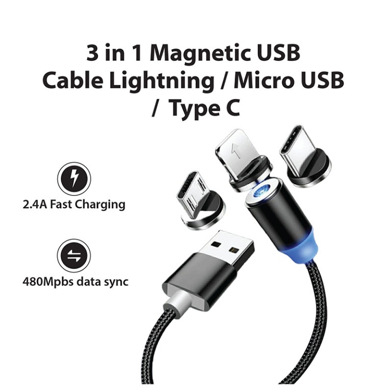 3 in 1 USB Cable Lightning+Micro USB+Type C, Mobile Phones