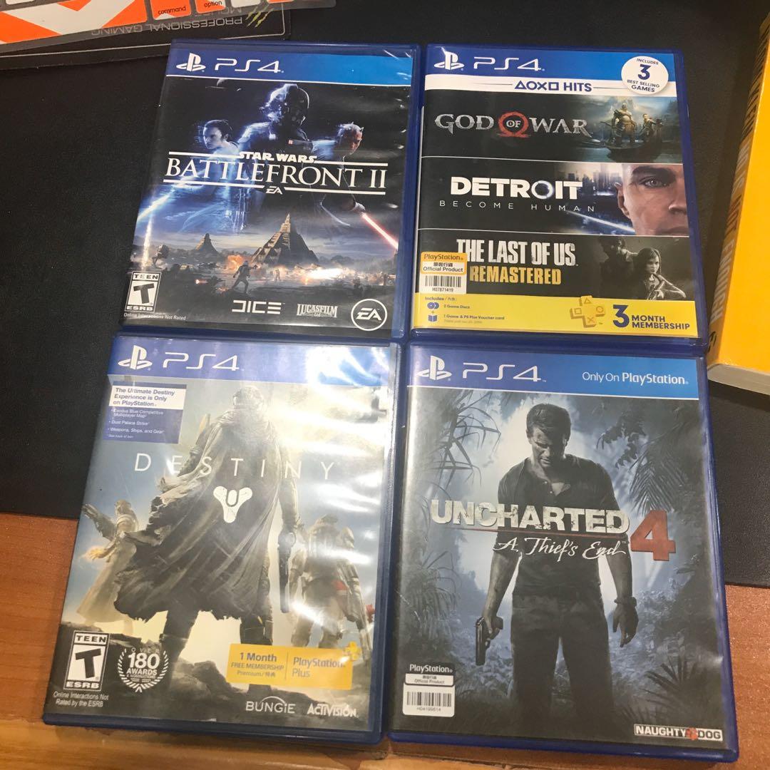 PS4 Games (Category: PlayStation) located in Makati City. Submitted by leroyglee (Listing ID 1002265406, Image 1). Description: For Sale: Star Wars Battlefront 2: sold God of War: 900 Detroit Become Human: 1k (brand new) Destiny 1: 400 Uncharted 4 a thief’s end: Sold .
