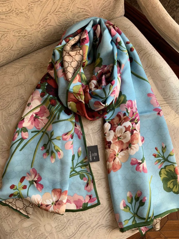 Gucci  Brown Pink New Floral Gg Logo Large Lightweight Shawl