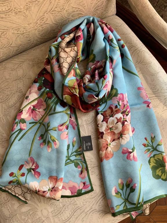 2 Colours Blue or Pink Gucci Floral Flower Blue GG Monogram Print Silk Scarf Shawl 60x190cm With Box Holiday Travel Beach Party