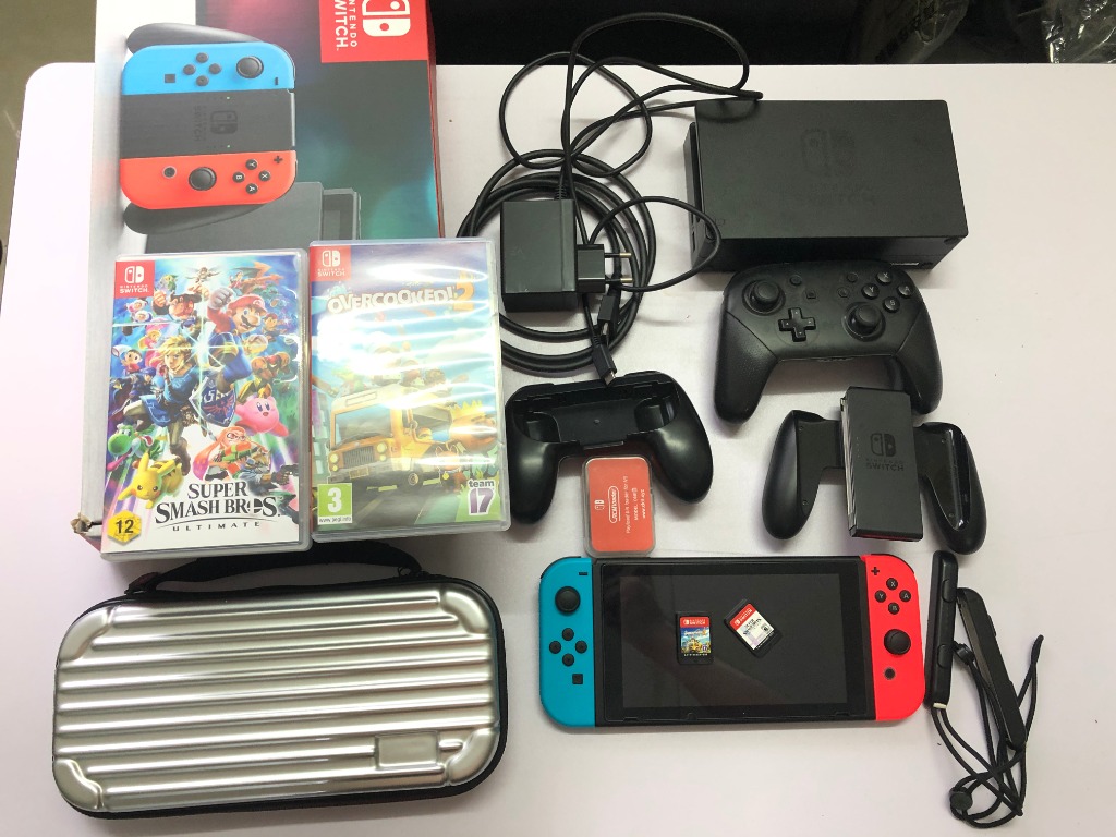 Nintendo Switch Full Set with 2 Games Super Smash Bros & Overcooked 2