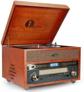 1 BY ONE Nostalgic Wooden Turntable Bluetooth Vinyl Record Player with AM/FM, CD, MP3 Recording to USB, AUX Input for Smartphones & Tablets and RCA Output