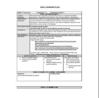 LESSON PLAN BUNDLE ON QUADRATIC EQUATIONS
