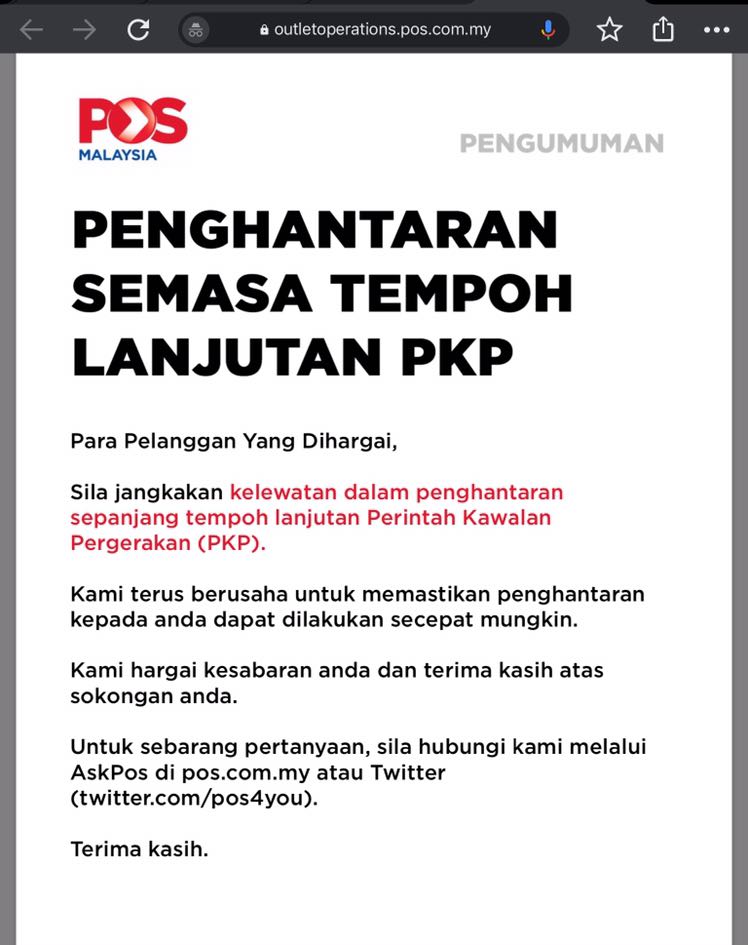 Poslaju Notis Penghantaran Semasa Tempoh Lanjutan Pkp Everything Else Others On Carousell