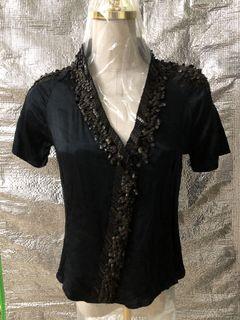 Armani black silk top with heavy sequins on shoulder and packets (97% new)