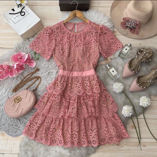 AUTHENTIC SELF PORTRAIT Pink Tiered Lace Mini Dress worn by Paris