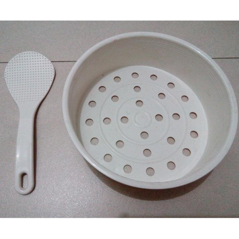 BN White Plastic Rice Cooker Steam Basket Steamer with Scoop, Home
