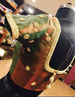 Bottle Green Saree Blouse with Gold Embroidery