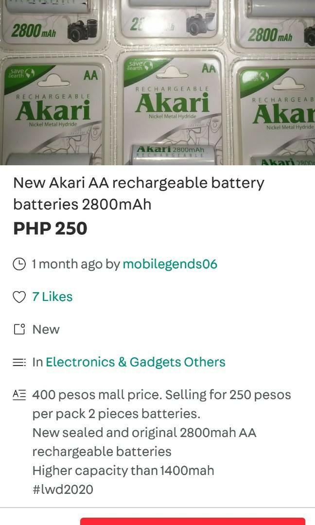 New Original AA Akari rechargeable batteries (Category: Chargers) located in Manila. Submitted by mobilegends06 (Listing ID 1002901077, Image 2). Description: brand new and original 250 pesos each pack contains 2 AA batteries.