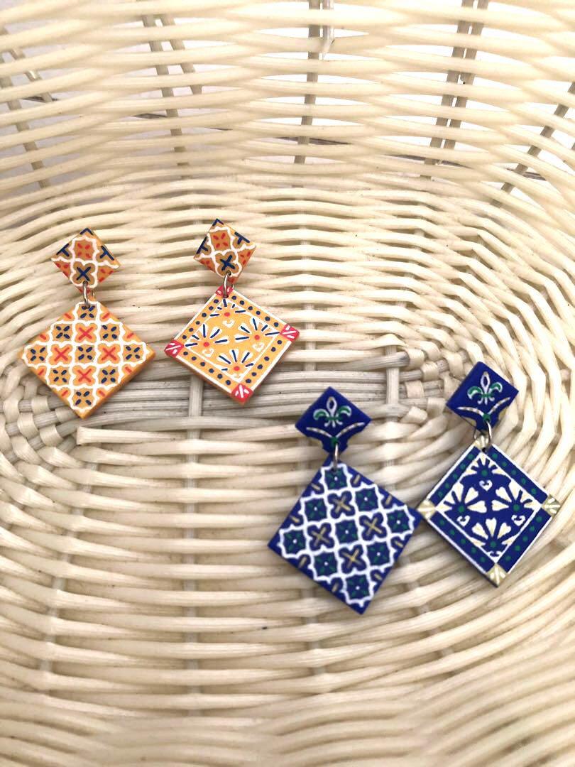 Handmade polymer clay drop dangle statement earrings Peranakan Tile Dangles Maroon |