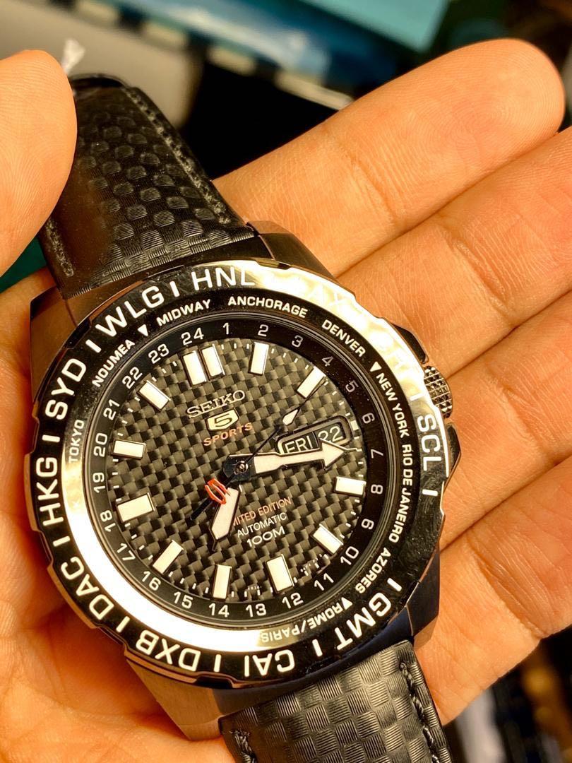 Seiko 5 limited edition carbon fibre GMT, Men's Fashion, Watches &  Accessories, Watches on Carousell
